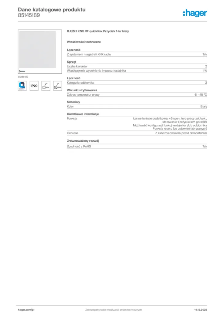 Zdjęcie Hager Karta katalogowa 85145189 | Hager Polska