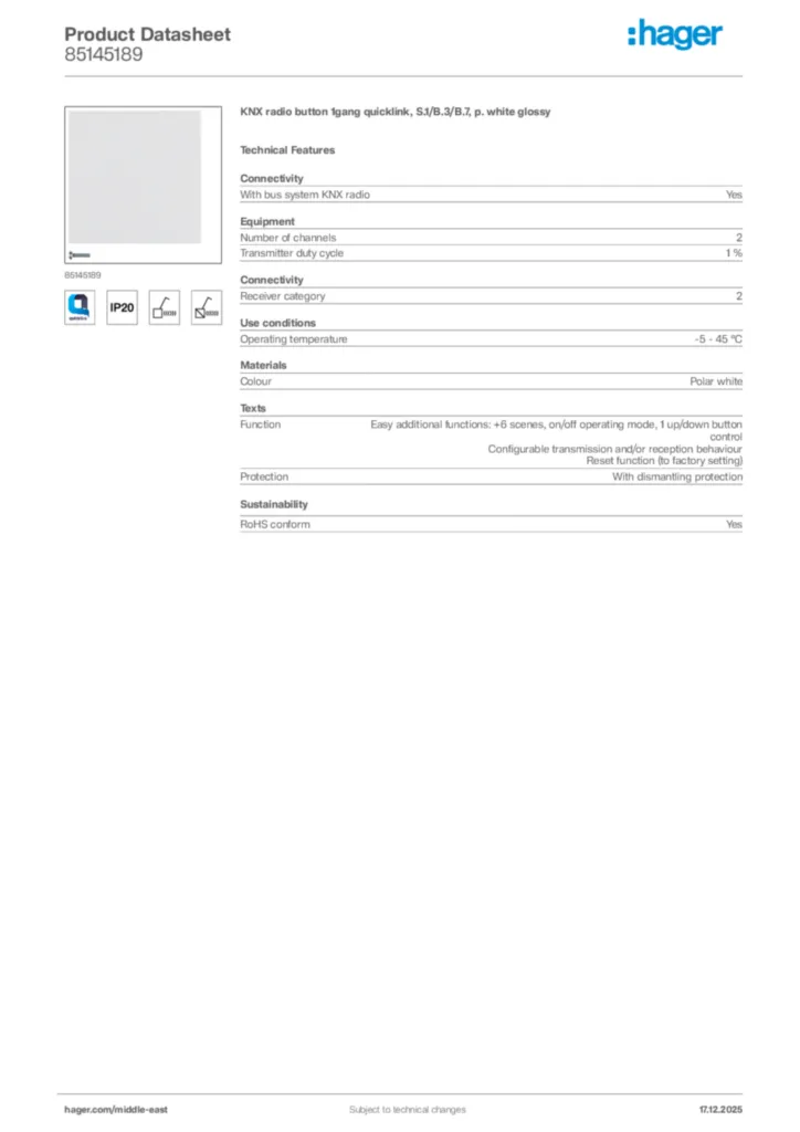 Image Hager Product data sheet 85145189  | Hager