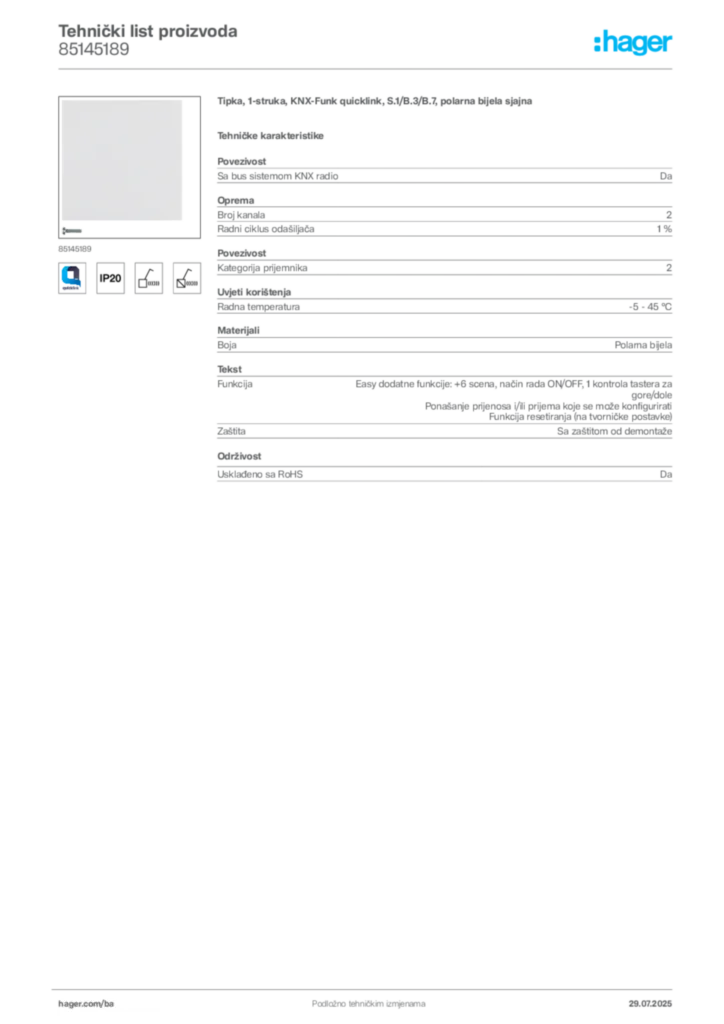 Slika Hager Product data sheet 85145189  | Hager