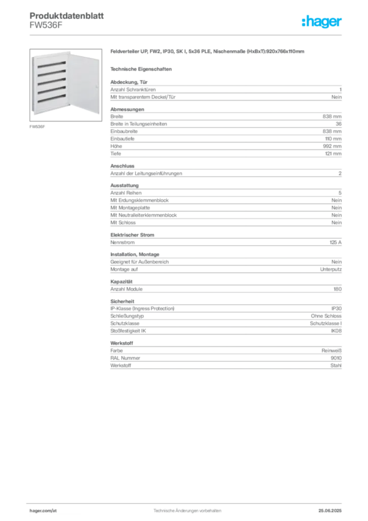 Bild Hager Produktdatenblatt FW536F | Hager Deutschland