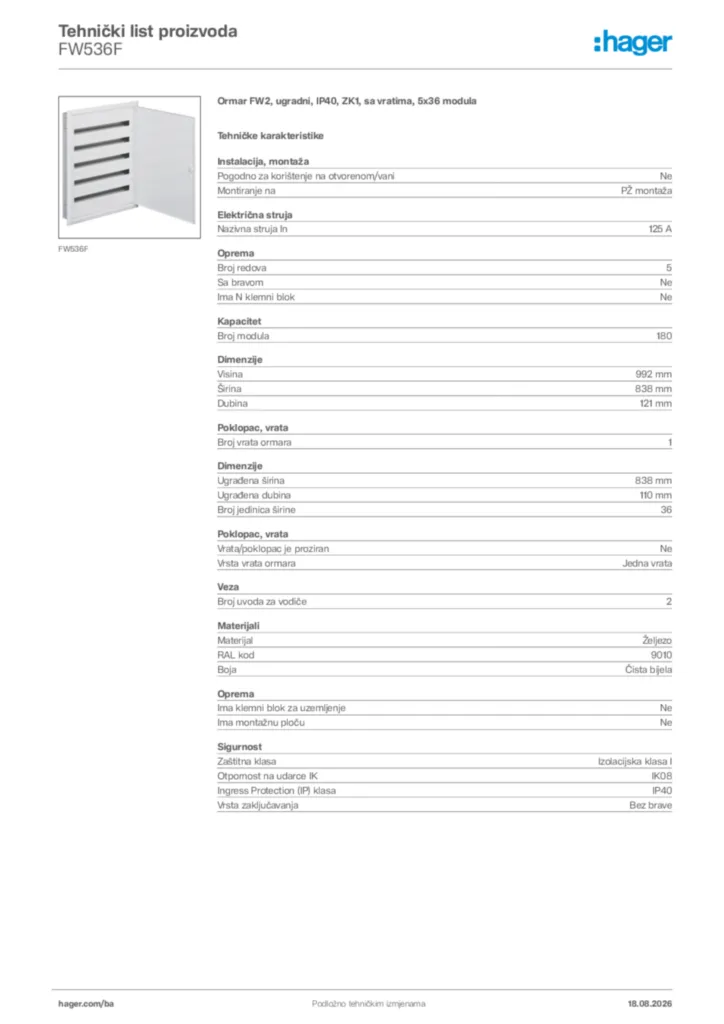 Slika Hager Tehnički list proizvoda FW536F  | Hager