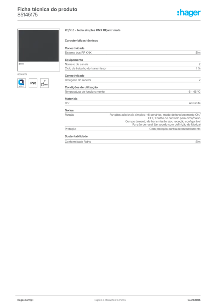 Imagem Hager Ficha técnica do produto 85145175 | Hager Portugal