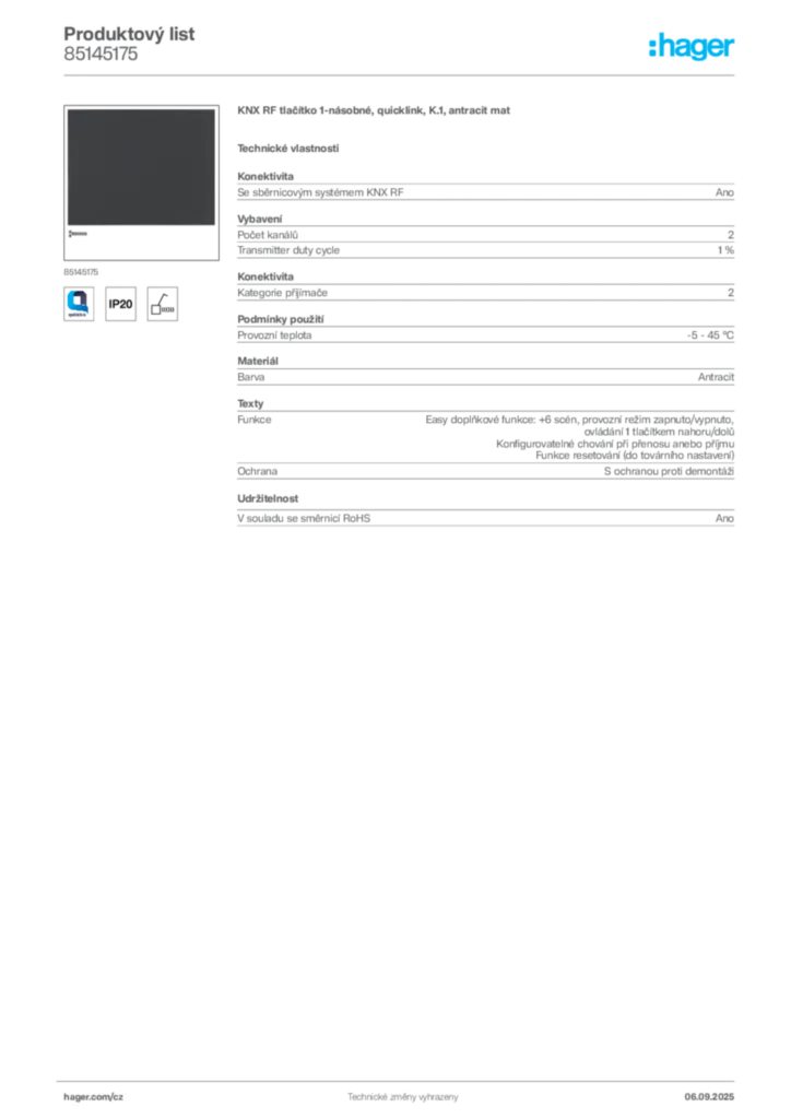 Obrázek Hager Produktový list 85145175 | Hager