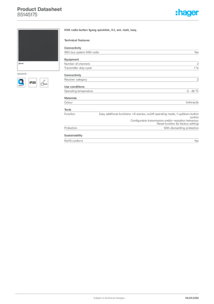 Image Hager Product data sheet 85145175  | Hager