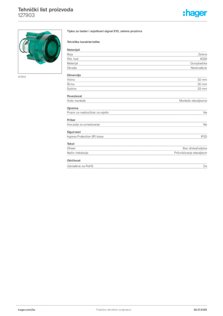 Slika Hager Product data sheet 127903  | Hager