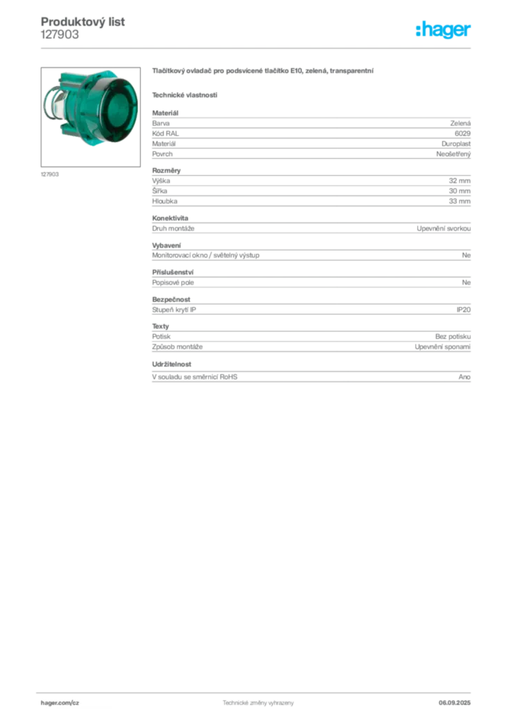 Obrázek Hager Produktový list 127903 | Hager