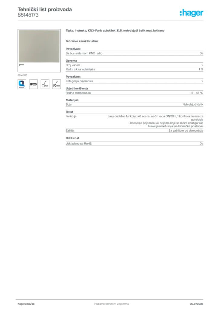 Slika Hager Product data sheet 85145173  | Hager