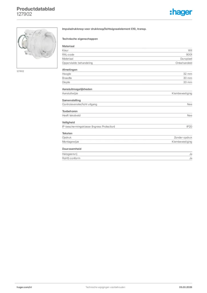 Afbeelding Hager Productdatablad 127902 | Hager Nederland