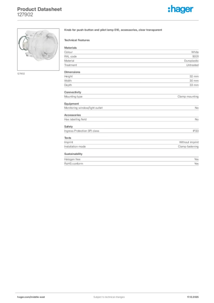 Image Hager Product data sheet 127902  | Hager