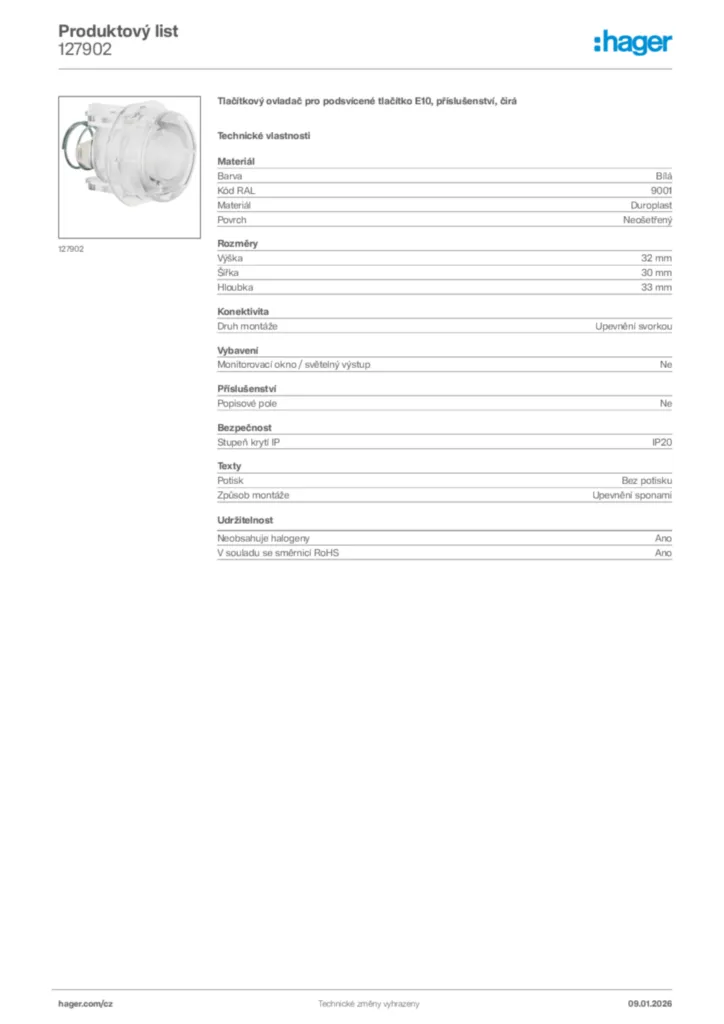 Obrázek Hager Product data sheet 127902 | Hager