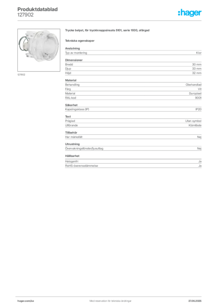 Bild Hager Produktdatablad 127902 | Hager Sverige