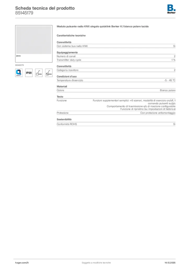 Immagine Berker Scheda tecnica del prodotto 85145179 | Hager Italia