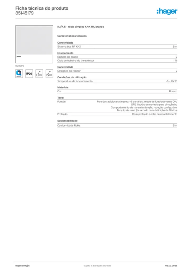 Imagem Hager Ficha técnica do produto 85145179 | Hager Portugal