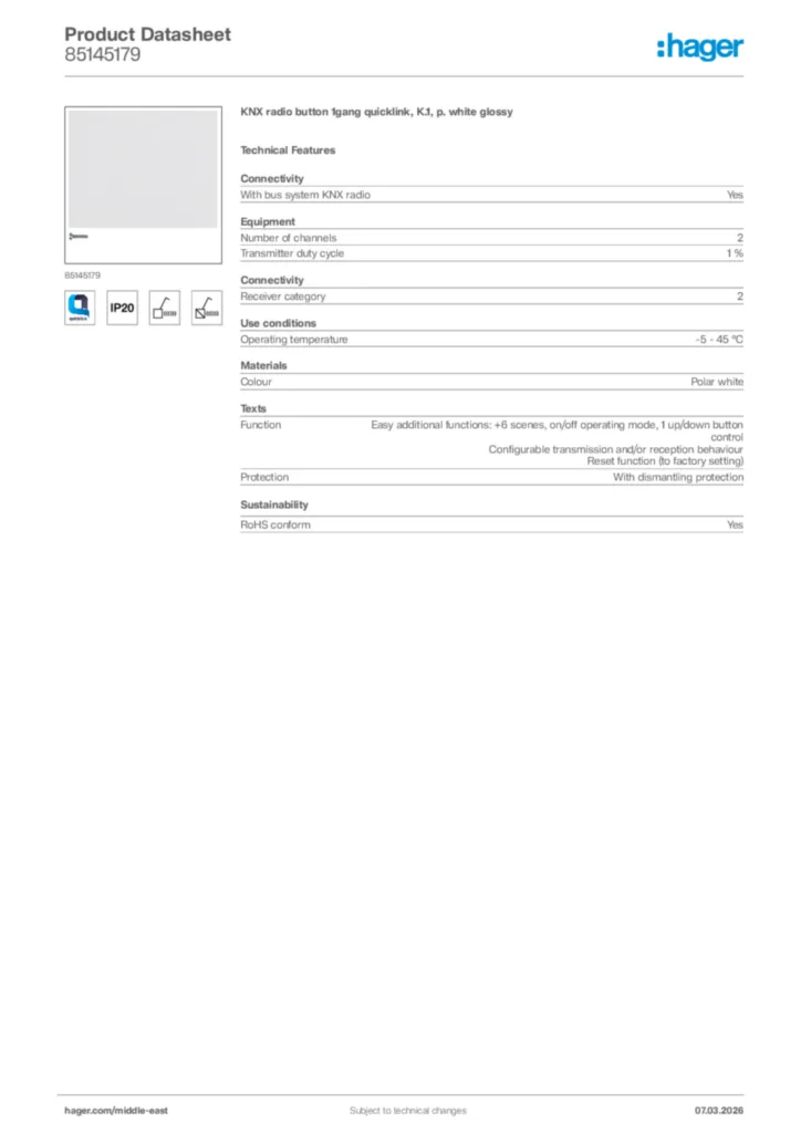 Image Hager Product data sheet 85145179  | Hager