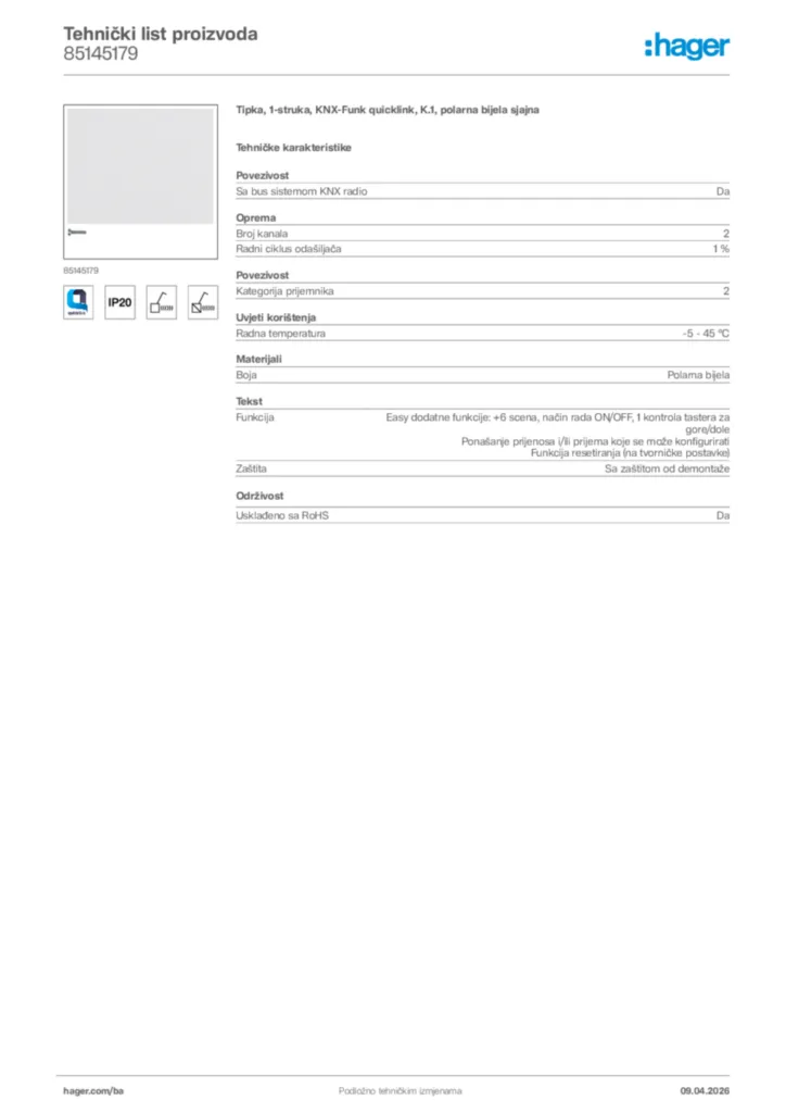 Slika Hager Tehnički list proizvoda 85145179  | Hager