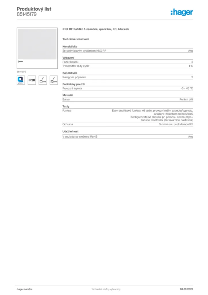Obrázek Hager Product data sheet 85145179 | Hager