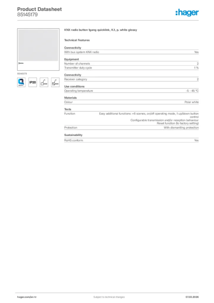 Image Hager Product data sheet 85145179  | Hager