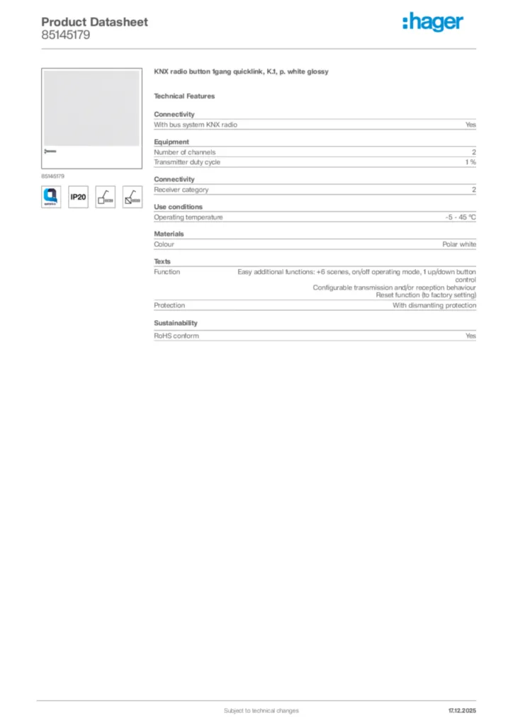 Image Hager Product data sheet 85145179  | Hager