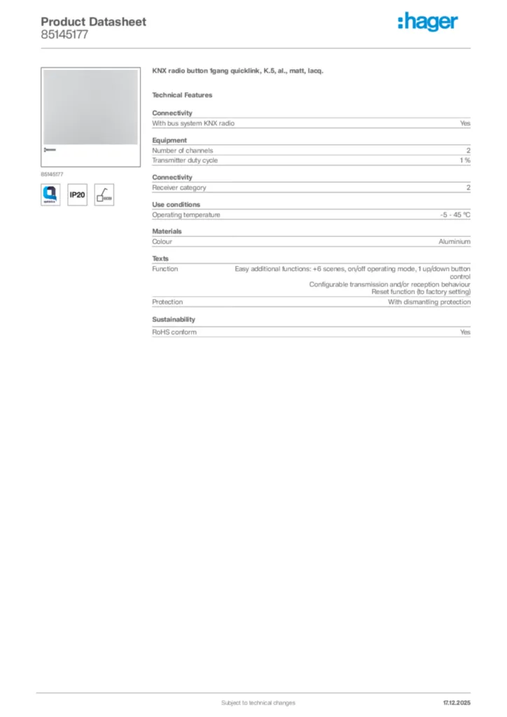 Image Hager Product data sheet 85145177  | Hager Africa