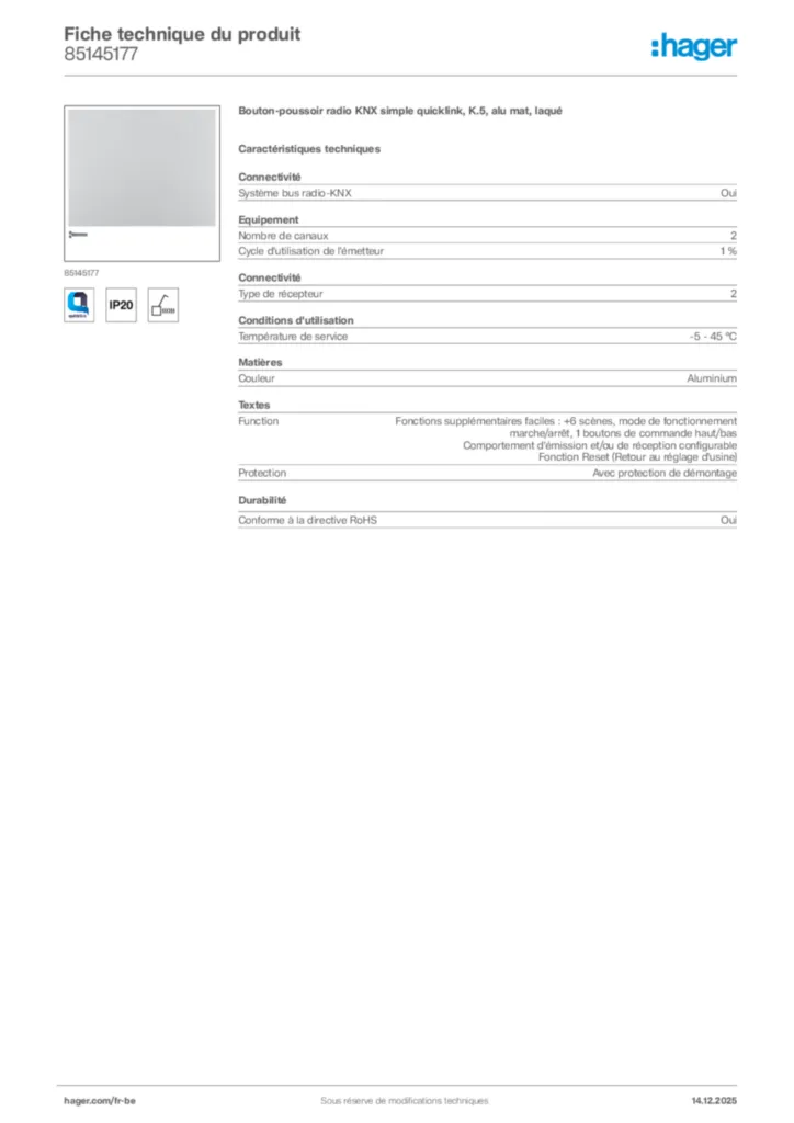 Image Hager Fiche technique du produit 85145177 | Hager Belgique