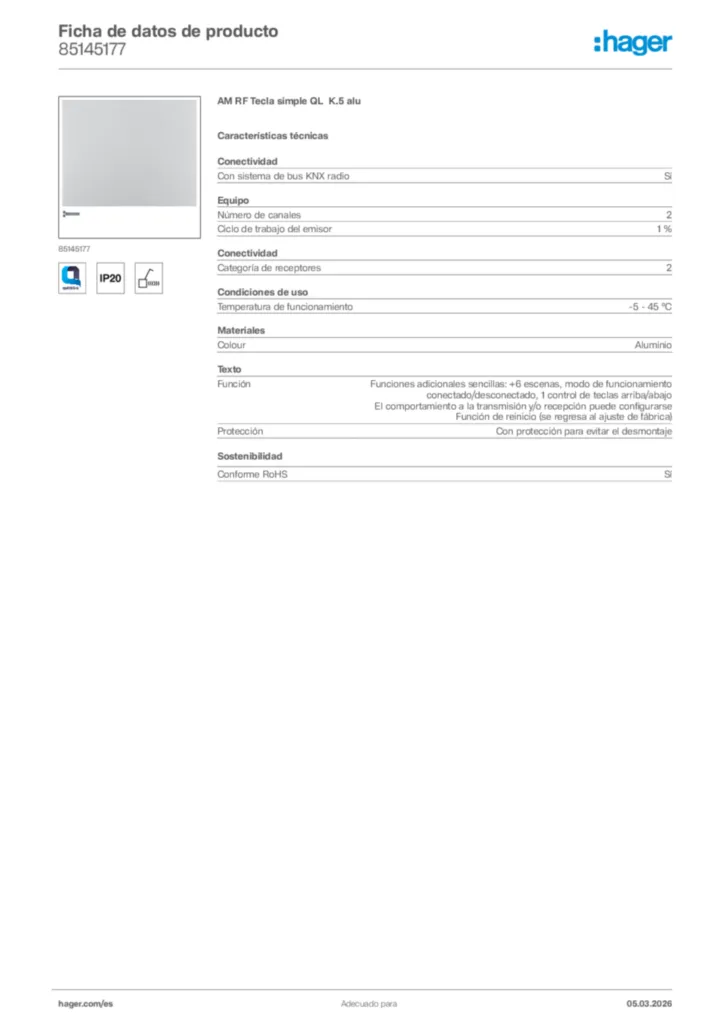 Imagen Hager Ficha de datos de producto 85145177 | Hager España