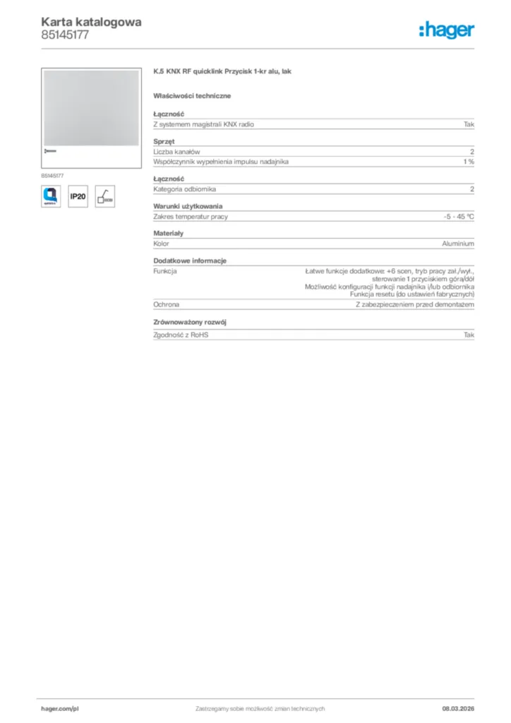 Zdjęcie Hager Karta katalogowa 85145177 | Hager Polska