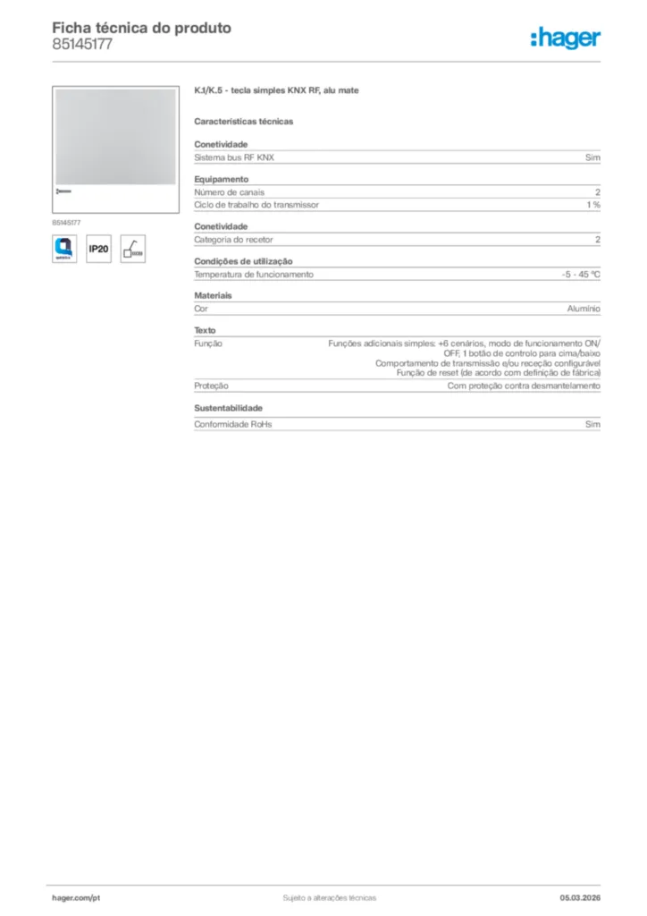 Imagem Hager Ficha técnica do produto 85145177 | Hager Portugal