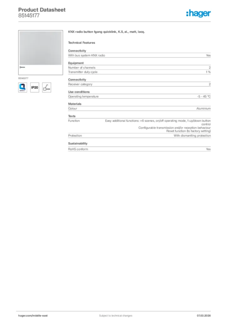 Image Hager Product data sheet 85145177  | Hager