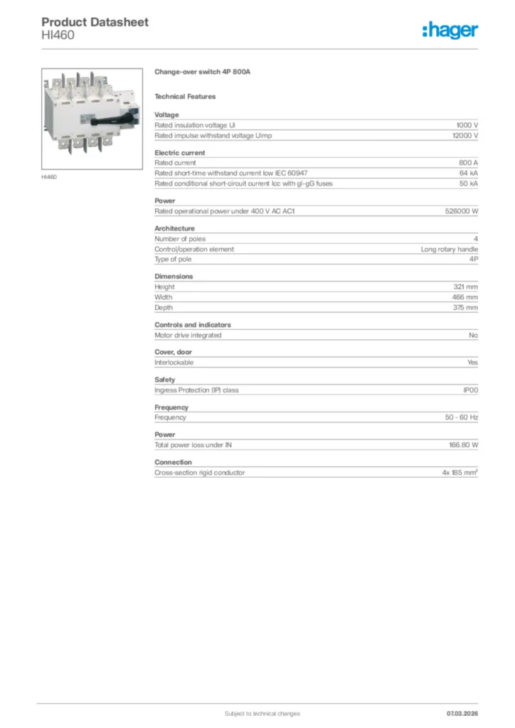 Image Hager Product data sheet HI460  | Hager Africa