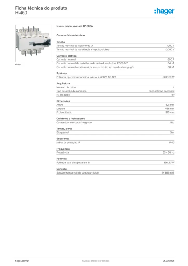 Imagem Hager Ficha técnica do produto HI460 | Hager Portugal