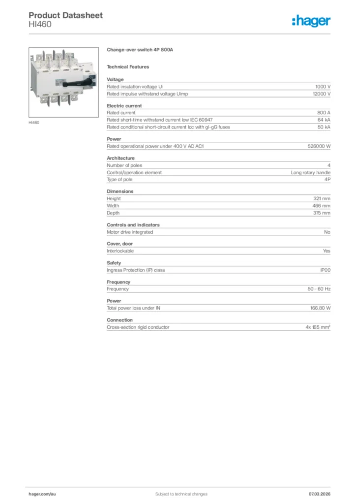Image Hager Product data sheet HI460  | Hager Australia