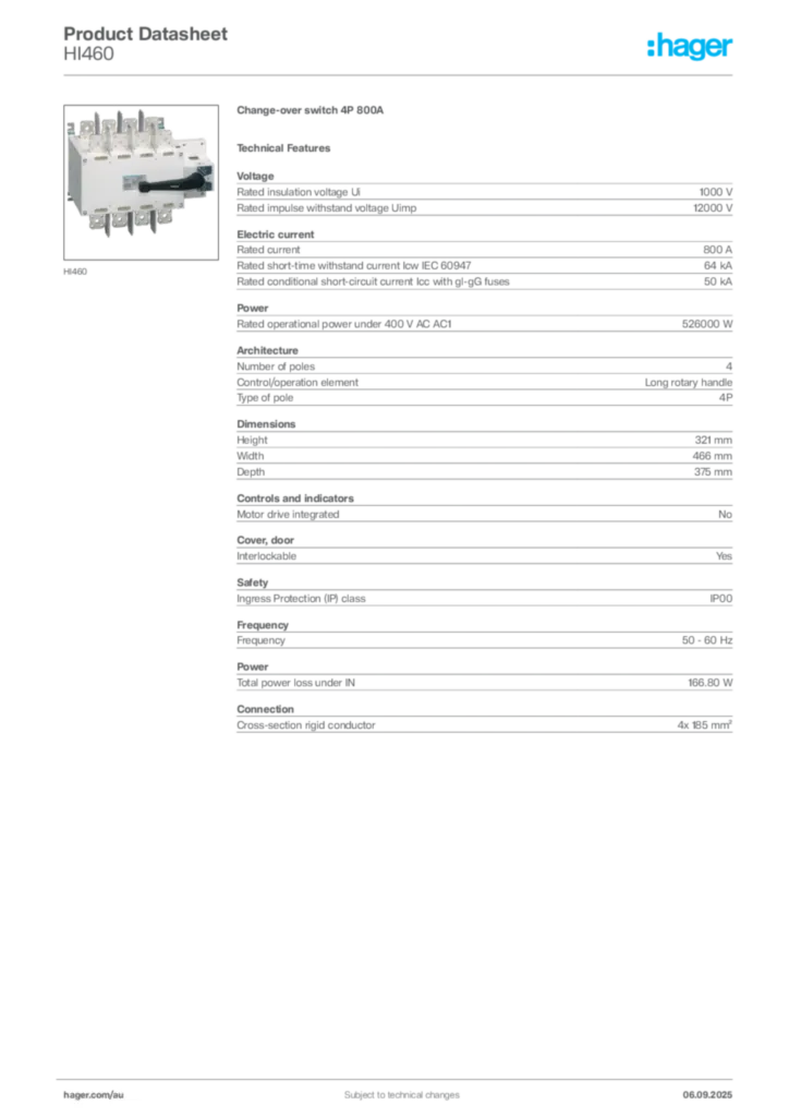 Image Hager Product data sheet HI460  | Hager Australia