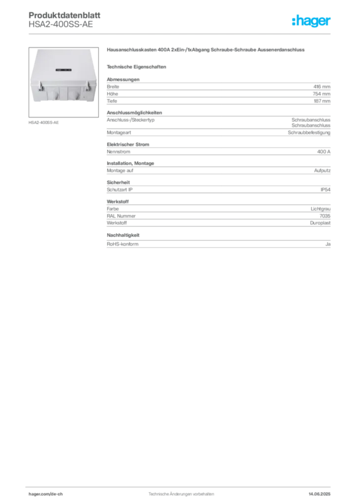 Bild Hager Produktdatenblatt HSA2-400SS-AE | Hager Schweiz