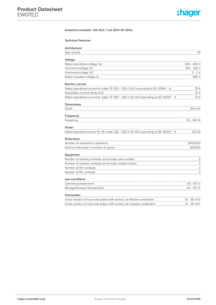 Image Hager Product data sheet EW070_C  | Hager