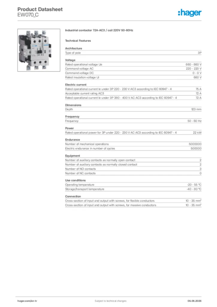 Image Hager Product data sheet EW070_C  | Hager