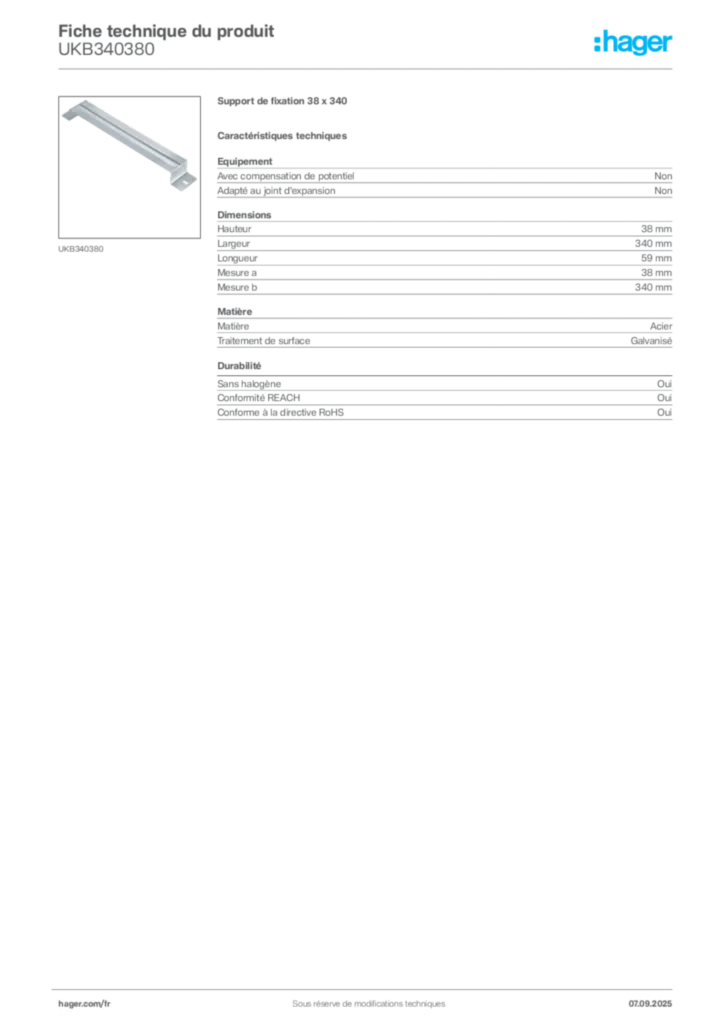 Image Hager Fiche technique du produit UKB340380 | Hager France