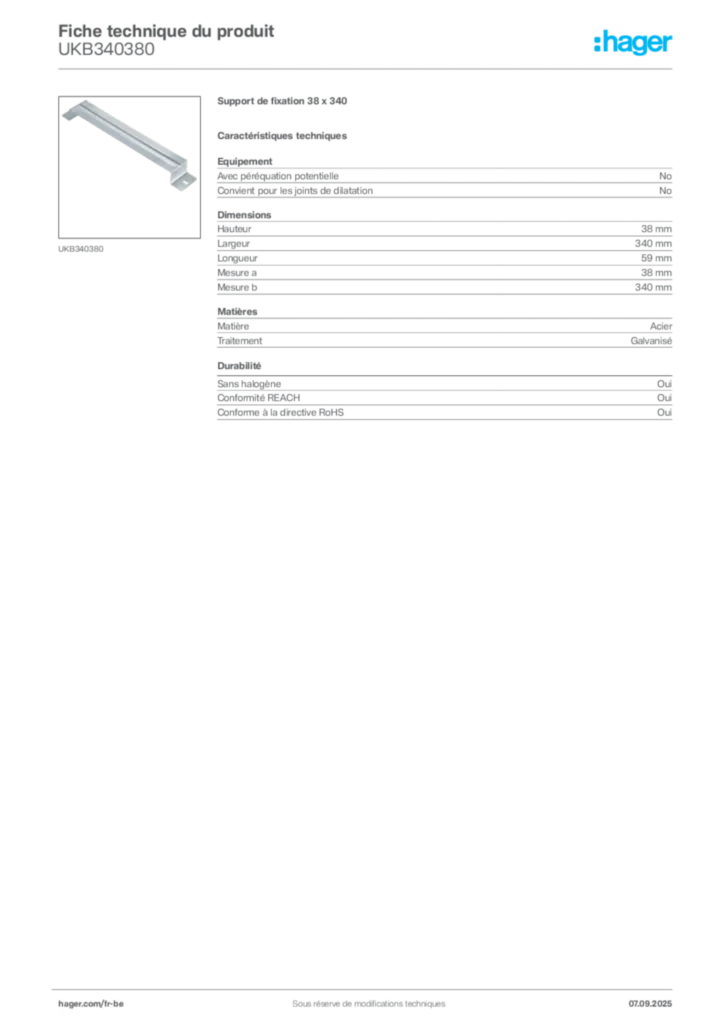 Image Hager Fiche technique du produit UKB340380 | Hager Belgique