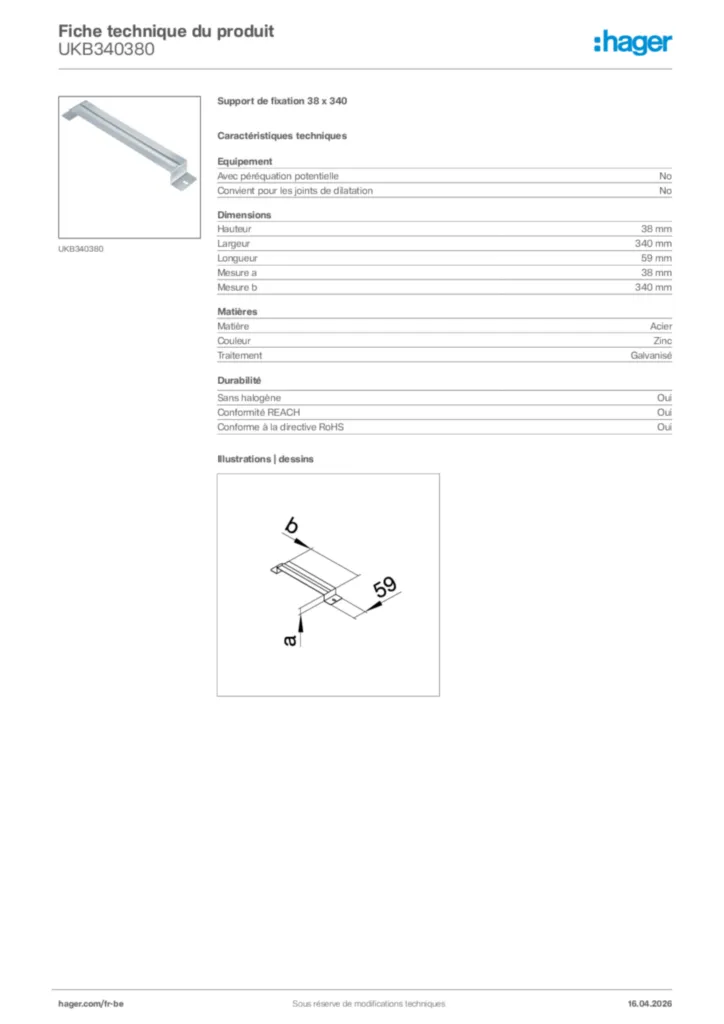 Image Hager Fiche technique du produit UKB340380 | Hager Belgique