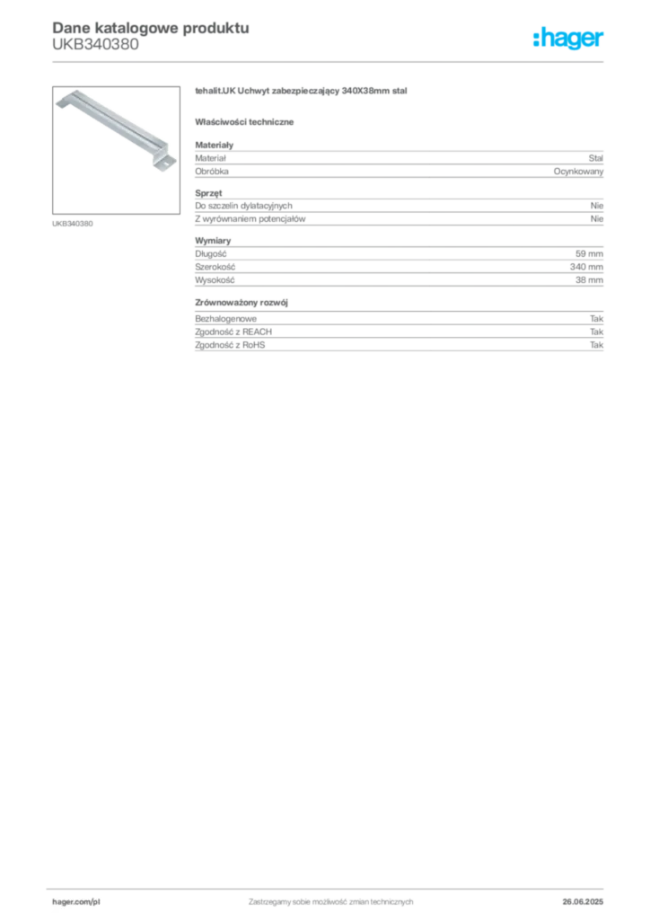 Zdjęcie Hager Karta katalogowa UKB340380 | Hager Polska