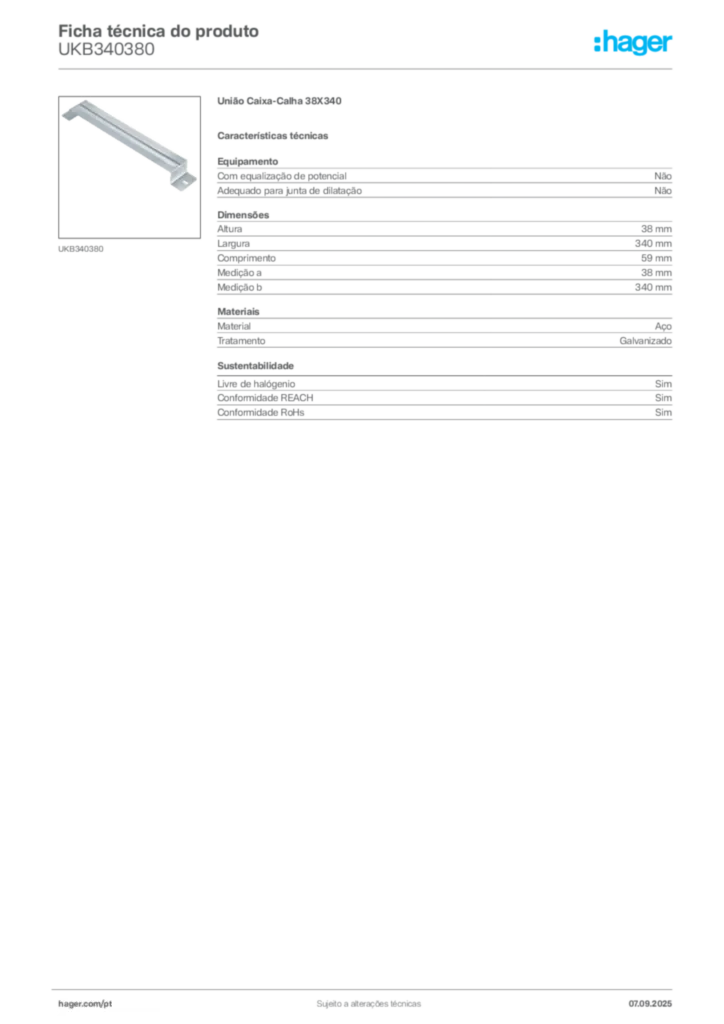 Imagem Hager Ficha técnica do produto UKB340380 | Hager Portugal