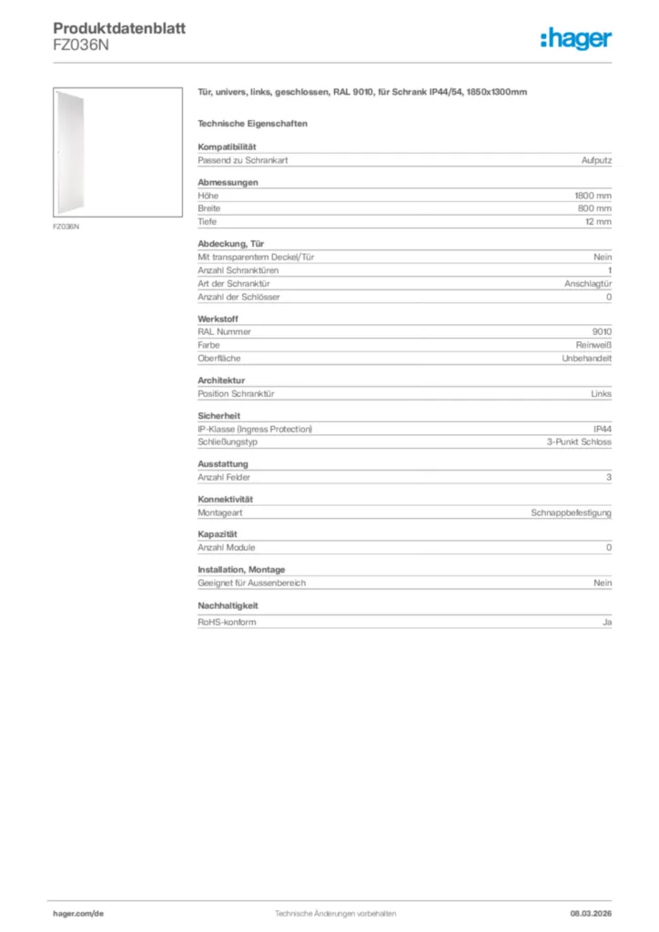 Bild Hager Produktdatenblatt FZ036N | Hager Deutschland