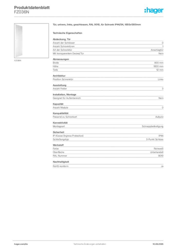 Bild Hager Produktdatenblatt FZ036N | Hager Deutschland