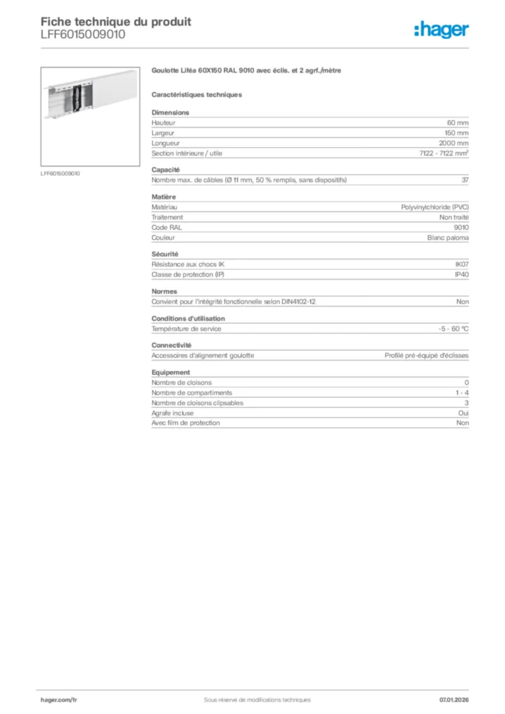 Image Hager Fiche technique du produit LFF6015009010 | Hager France