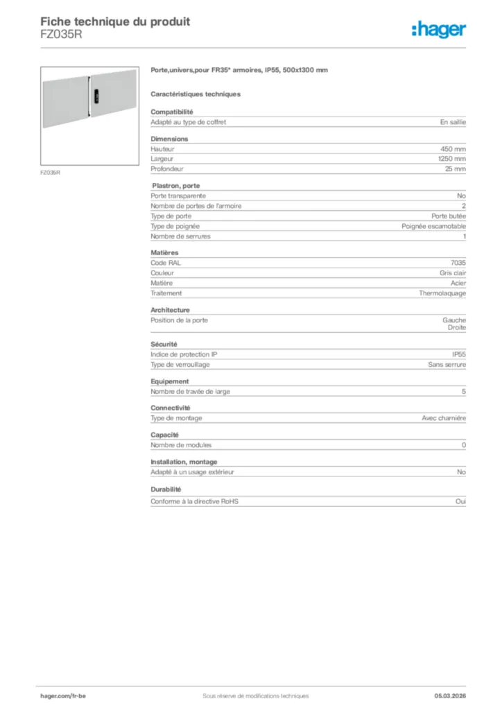 Image Hager Fiche technique du produit FZ035R | Hager Belgique