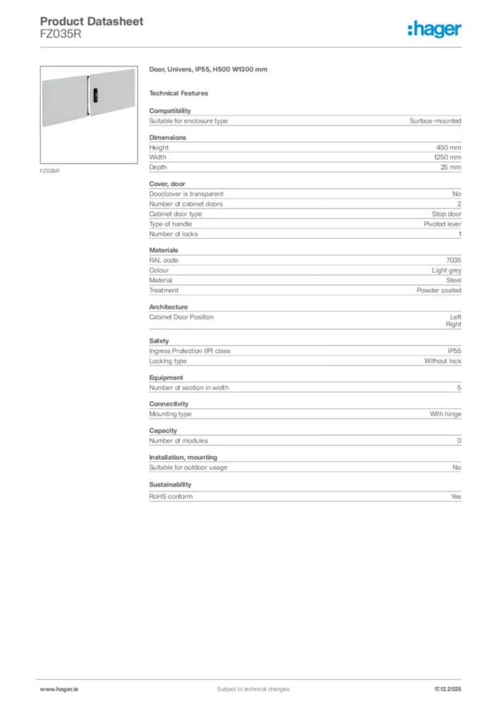 Image Hager Product data sheet FZ035R  | Hager