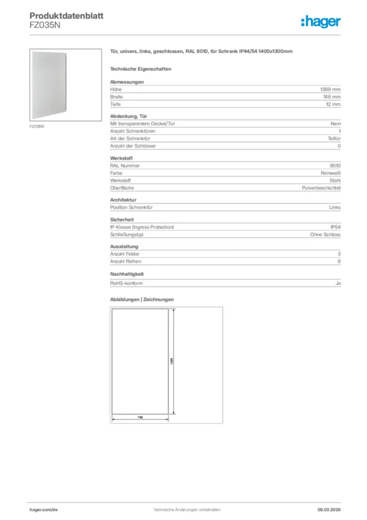Bild Hager Produktdatenblatt FZ035N | Hager Deutschland