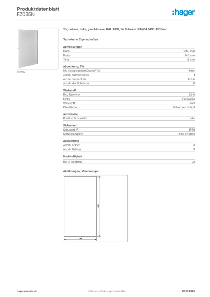 Bild Hager Produktdatenblatt FZ035N | Hager Schweiz