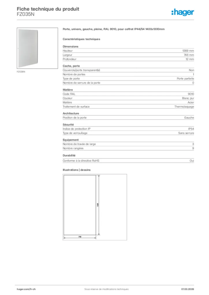 Image Hager Fiche technique du produit FZ035N | Hager Suisse