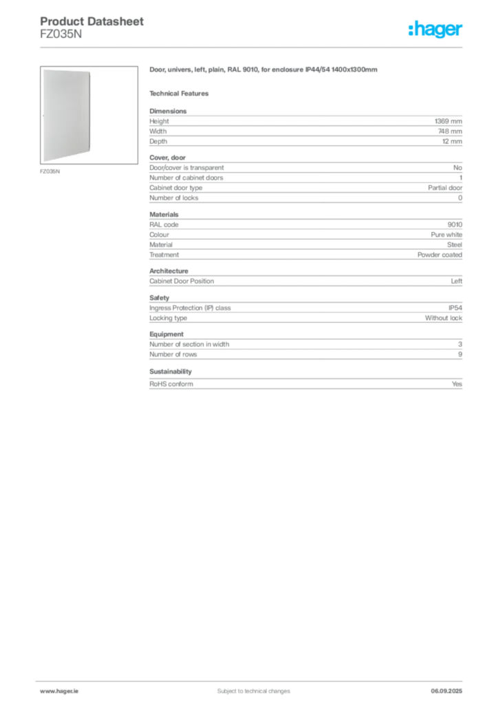Image Hager Product data sheet FZ035N  | Hager