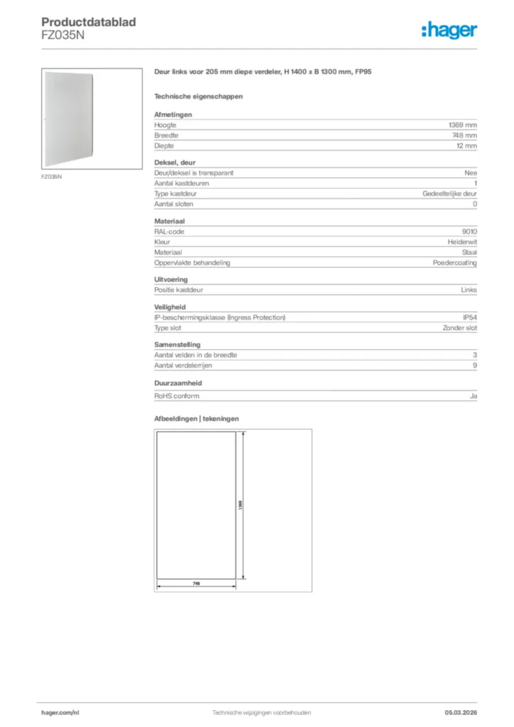 Afbeelding Hager Productdatablad FZ035N | Hager Nederland